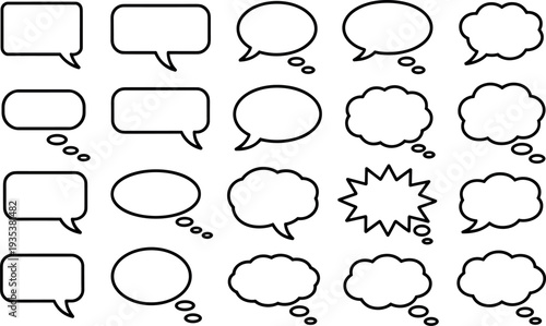 Empty black outline speech and thought bubbles, illustrating communication and dialogue concepts with an expressive graphic feel on a clean white background.