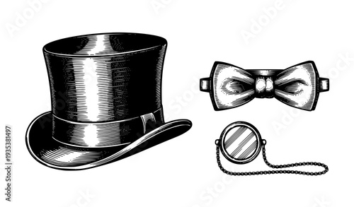 Vintage gentleman silk top hat bow tie monocle classic illustration