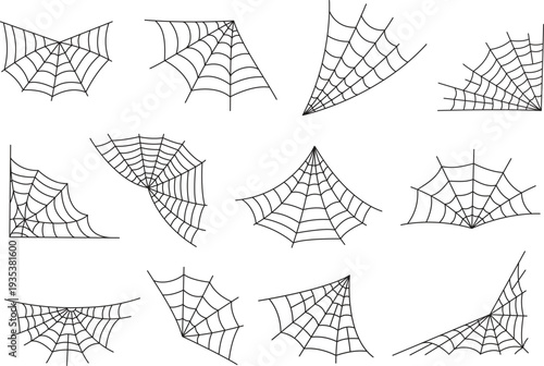 Spider web corner set. Handdrawn cobweb line art halloween outline vector collection