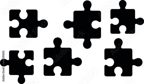 Black puzzle pieces scattered on a white background, symbolizing problem-solving and collaboration, presented with stark graphic contrast.