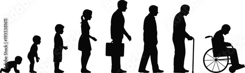 Human life stages silhouettes from baby crawling to elderly wheelchair user isolated on white background representing aging process, life cycle and generations