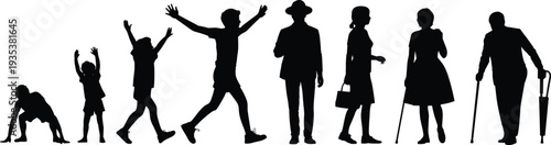 Human life stages silhouettes from baby to elderly isolated on white background representing growth, aging process, generations and life journey