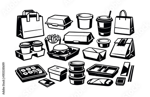 Restaurant or fast-food set of disposable packaging. Offering burgers, fries, Asian food, coffee, sushi, and sauces for rapid takeout
