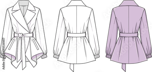 Fashion technical sketch of a women’s belted peplum wrap jacket featuring draped handkerchief hem, notched lapels, and puff sleeves with cuffs.