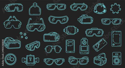 Collection of virtual reality headsets and augmented reality glasses icons on a dark background representing immersive technology and digital experiences
