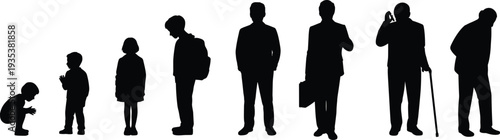 Human life stages silhouettes from child to elderly man isolated on white background representing aging process, life journey and generational development