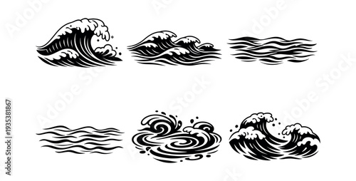 Vector wave icons illustrating various water movements, including crashing surf, gentle ripples, and powerful ocean swells