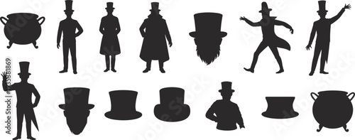Victorian gentleman silhouettes with top hats and cauldron, vintage character collection vector illustration isolated on white background