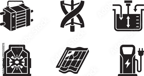 Clean Energy Future, Sustainable Technology and Advanced Renewable Power Systems Modern Eco-Tech Icon Set Vector Illustration