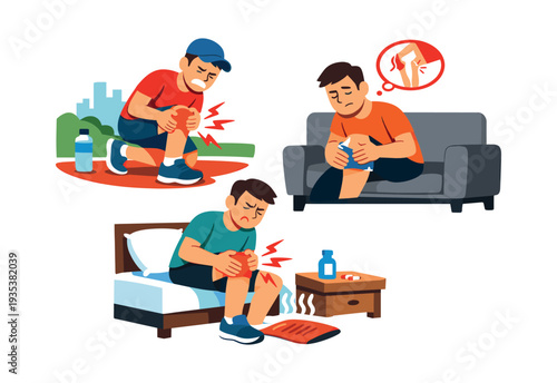 Male characters experiencing knee pain from injury, applying treatment, and resting at home to recover from joint inflammation