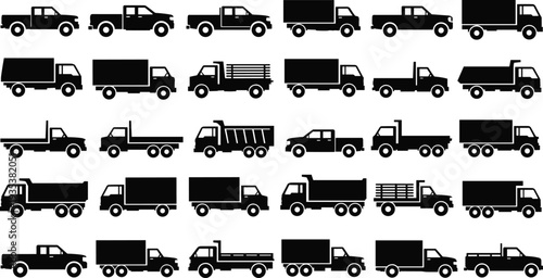 Truck silhouettes collection, pickup trucks, cargo delivery vehicles, box trucks, dump trucks, flatbed transport, commercial transportation icons, logistics vehicle vector set