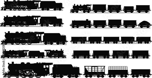 Vintage steam train silhouettes collection, locomotive engine, freight wagons, cargo railway cars, antique transportation, railway transport set, black train icons isolated illustration