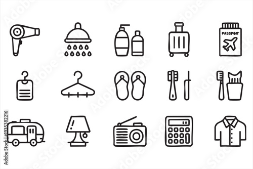 Minimalist Travel Essentials Icon Pack With Passport Suitcase And Camper Van