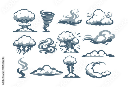 Presenting a collection of different smoke, steam, cloud, and explosion effects in a flat cartoon style
