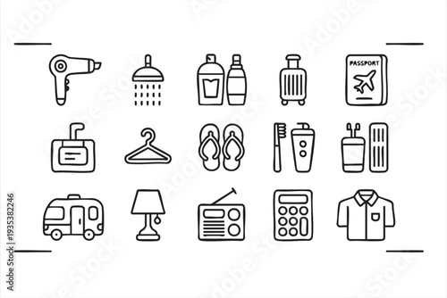 Tourism Travel Essentials Icon Pack With Airplane Passport And Luggage
