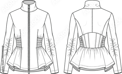 Technical drawing of a women's peplum zip-up jacket vector featuring front and back views with smocked waist and ruched sleeve details.