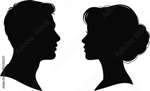 Man and woman face profile silhouettes looking at each other isolated on white background representing communication, relationship and human interaction