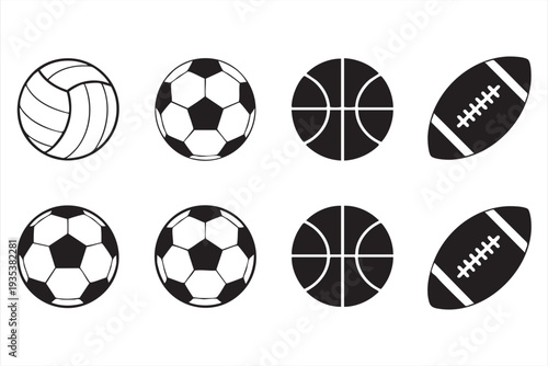 Black Silhouette Sports Ball Set With Soccer Basketball And Football