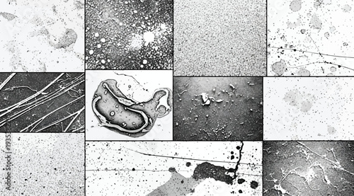 A collage of various microscopic images of cells and biological samples in shades of gray on a white background