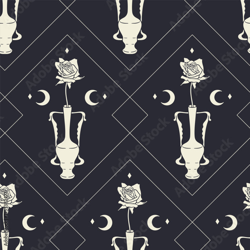 Celestial Art nouveau style black and white vase with rose hand drawn seamless pattern vector illustration