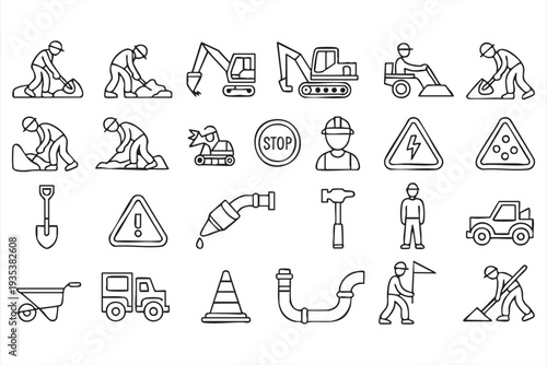 Infrastructure Construction Icon Set With Machinery Tools And Safety Symbols