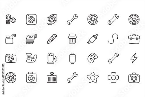 Mechanic Tools And Automotive Parts Icon Pack With Wheel Spark Plug And Battery
