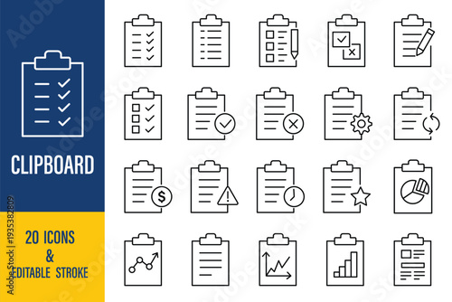 Clipboard and checklist outline icon set with business tasks, strategy, approval, tax and document management symbols. 20 Clipboard Task Management Line Icons. Survey icon set. Medical report icon 