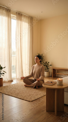 Vertical portrait of a young woman meditating in a lotus position at home. Female practicing yoga and mindfulness in a minimalist living room
