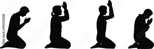 People kneeling and praying silhouettes isolated on white background representing faith, spirituality, religious devotion, worship gesture and meditation