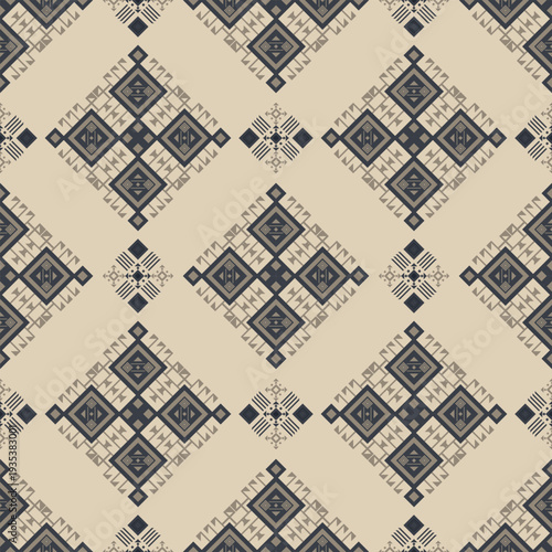 Dark Gray and Beige Tribal Geometric Seamless Pattern for Textile and Wallpaper. Seamless tribal geometric pattern in dark gray and beige tones inspired by traditional ethnic textile art.