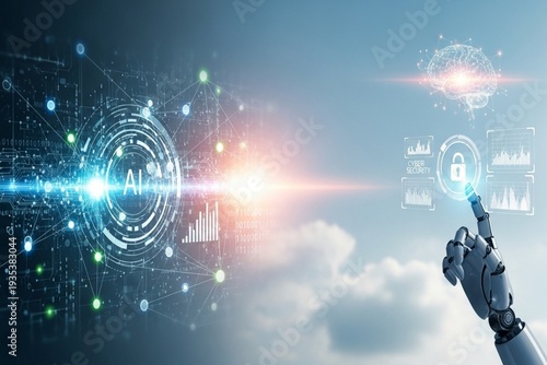 Advanced AI technology and data science concept, futuristic cyber security with digital padlock and circuit brain, robotic automation and neural network background for big data processing, 4k high qua