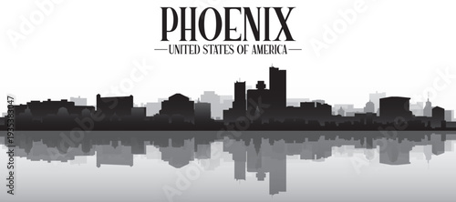 Black and white panoramic poster of the city skyline with misty background buildings and water reflection of PHOENIX, UNITED STATES