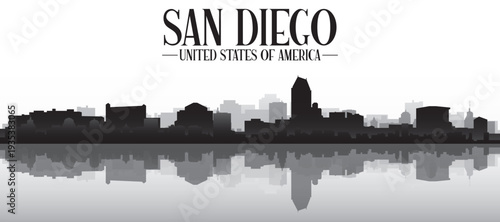 Black and white panoramic poster of the city skyline with misty background buildings and water reflection of SAN DIEGO, UNITED STATES