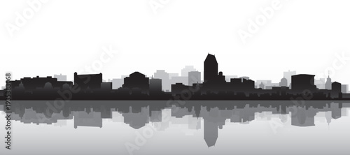 Black and white panoramic poster of the city skyline with misty background buildings and water reflection of SAN DIEGO, UNITED STATES