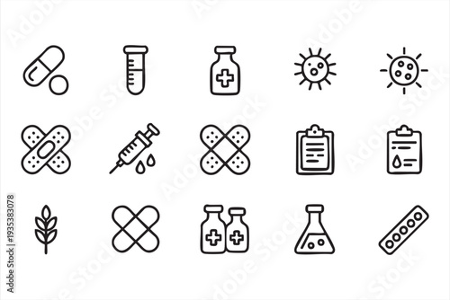 Medical Healthcare And Pharmacy Icon Set With Pills Syringe And Laboratory