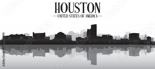Black and white panoramic poster of the city skyline with misty background buildings and water reflection of HOUSTON, UNITED STATES