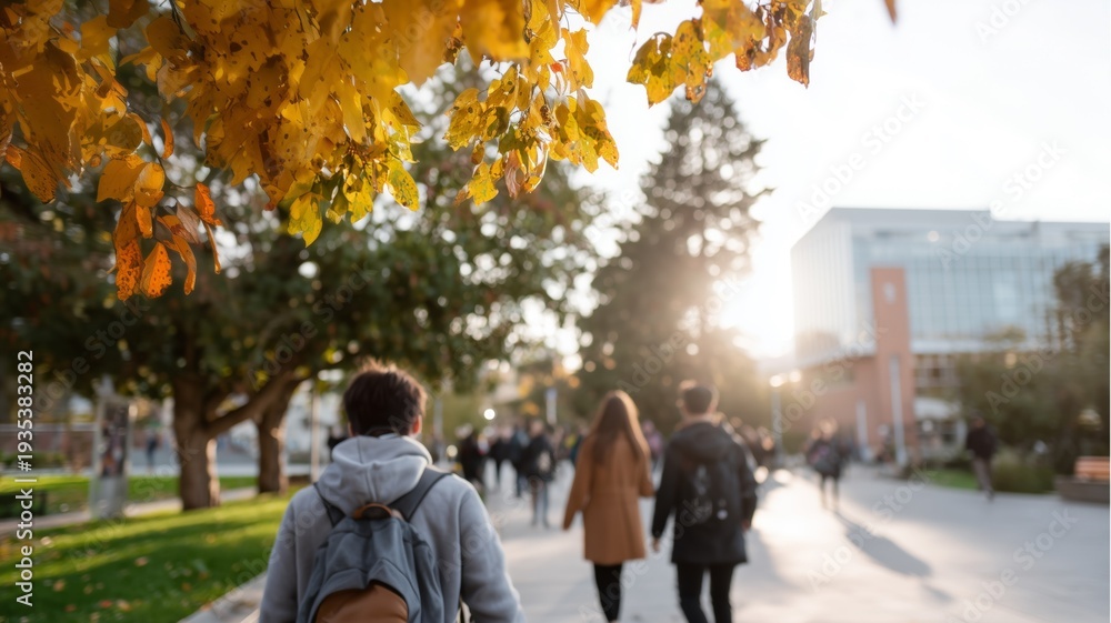 Obraz premium Students walking on autumn campus. University path with fall leaves. Young people going to classes. College life in autumn. Campus education atmosphere.
