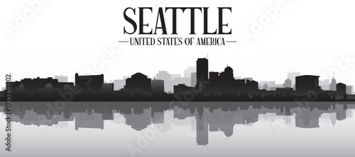 Black and white panoramic poster of the city skyline with misty background buildings and water reflection of SEATTLE, UNITED STATES