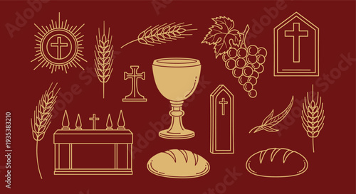 Christian Symbols of Communion and Faith Including Bread Wine Wheat and Crosses on a Rich Red Background