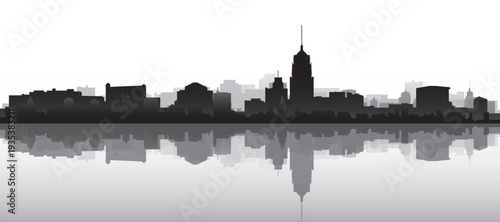 Black and white panoramic poster of the city skyline with misty background buildings and water reflection of SAN ANTONIO, UNITED STATES