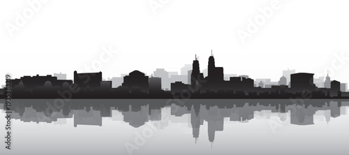 Black and white panoramic poster of the city skyline with misty background buildings and water reflection of KANSAS CITY, UNITED STATES