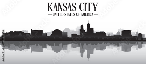 Black and white panoramic poster of the city skyline with misty background buildings and water reflection of KANSAS CITY, UNITED STATES