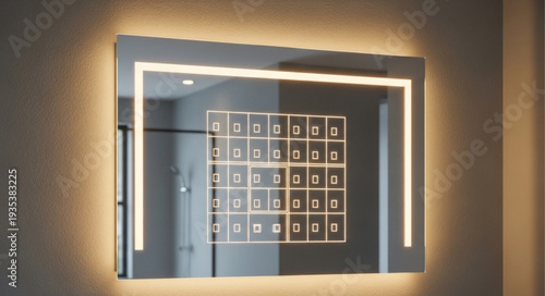 Modern illuminated smart mirror with digital display.