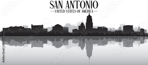 Black and white panoramic poster of the city skyline with misty background buildings and water reflection of SAN ANTONIO, UNITED STATES