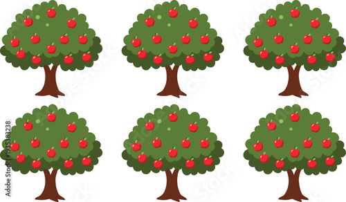 Apple tree collection with ripe red fruits, flat vector orchard illustration set isolated on light background for agriculture, farming and garden design