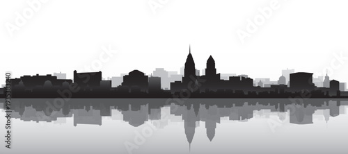 Black and white panoramic poster of the city skyline with misty background buildings and water reflection of PHILADELPHIA, UNITED STATES