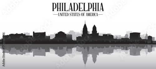 Black and white panoramic poster of the city skyline with misty background buildings and water reflection of PHILADELPHIA, UNITED STATES