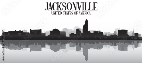 Black and white panoramic poster of the city skyline with misty background buildings and water reflection of JACKSONVILLE, UNITED STATES