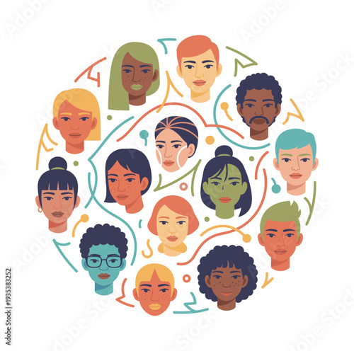Diverse people faces creating a unified group, illustrating concepts of community, multiculturalism, and identity