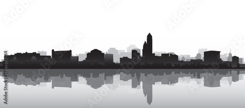 Black and white panoramic poster of the city skyline with misty background buildings and water reflection of JACKSONVILLE, UNITED STATES
